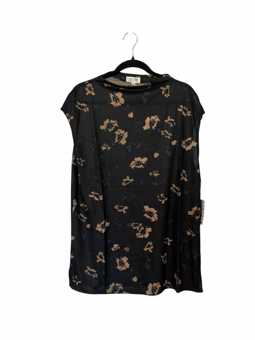 Tulip B Women’s Black & Tan Floral Cap-Sleeve Classic Mock Neck Top Sz XL NWT